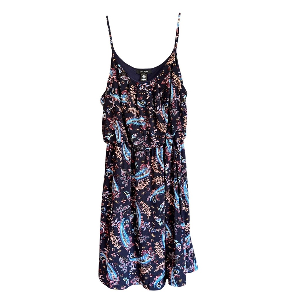 Navy Paisley Floral Spaghetti Strap Dress Large, Romantic Bohemian Travel Spring